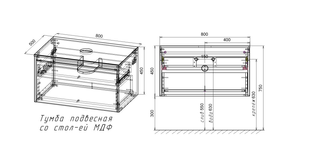 База под накладную раковину Mesa 800 подвесная, 1 выкатной/1 скрытый ящик soft close