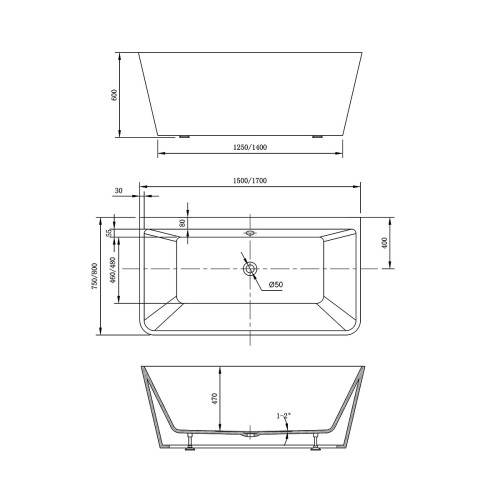 Ванна акриловая Vincea VBT-425-1700 1700*800*600, цвет белый, щелевой перелив, слив хром